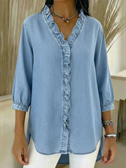 Damen V-Ausschnitt Denim Bluse - Langarm Top Mit Rüschen – Hellsblau