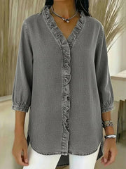 Damen V-Ausschnitt Denim Bluse - Langarm Top Mit Rüschen – Grau
