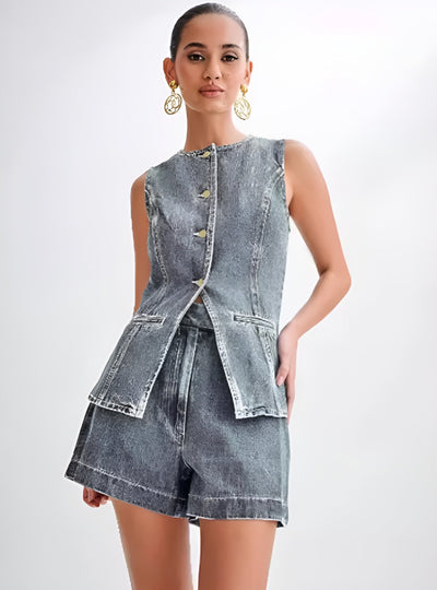 Dunkelblaues Damen-Jeanshemd – Langarm Button-Up Bluse