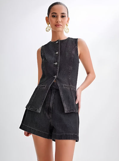 Dunkelblaues Damen-Jeanshemd – Langarm Button-Up Bluse