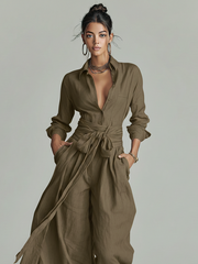 Damen-Jumpsuit aus Leinenmischung mit Gürtel und Hemdkragen – Kaltes Braun