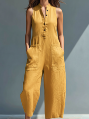 Damen-Jumpsuit aus Leinenmischung, ärmellos, mit Knopfleiste – Gelb