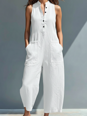 Damen-Jumpsuit aus Leinenmischung, ärmellos, mit Knopfleiste – Weiß