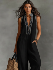 Ärmelloser Jumpsuit aus Leinenmischung mit Stickerei und Reißverschluss für Damen – Schwarz
