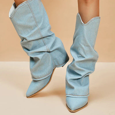 Damen Denim Stiefel mit Blockabsatz