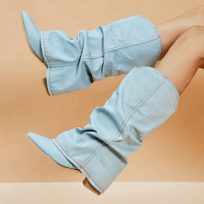 Damen Denim Stiefel mit Blockabsatz