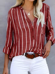 Gestreifte Damenbluse | V-Ausschnitt & Knopfleiste für einen gepflegten Look – Rot