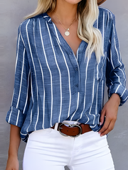 Gestreifte Damenbluse | V-Ausschnitt & Knopfleiste für einen gepflegten Look – Blau