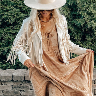 Boho Wildleder‑Fransenjacke – Veganes Suede, Damen West‑Festival Coat