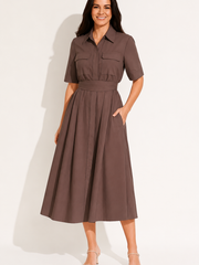Hemdblusenkleid Damen | Taillengürtel & Figurbetonte Linie – Dunkelbraun