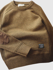 Modischer Rundhals Pullover mit Ellbogenbesatz – Stilvoller Strick für Alltag & Freizeit – Khaki
