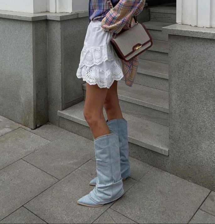 Damen Denim Stiefel mit Blockabsatz
