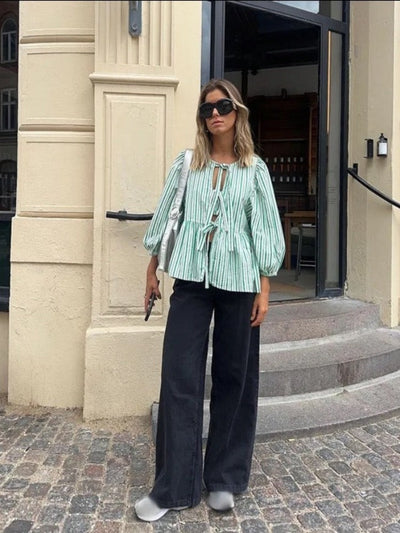 Damen Sommer-Top mit Puffärmeln – Gestreift, Leicht & Trendy