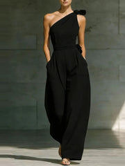Jumpsuit Damen | Festlich One-Shoulder mit Schleife & Weitem Bein – Schwarz