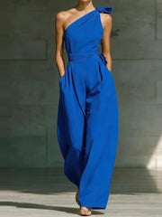 Jumpsuit Damen | Festlich One-Shoulder mit Schleife & Weitem Bein – Dunkelblau