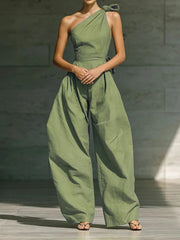 Jumpsuit Damen | Festlich One-Shoulder mit Schleife & Weitem Bein – Grün