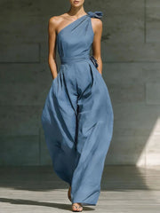 Jumpsuit Damen | Festlich One-Shoulder mit Schleife & Weitem Bein – Hellblau