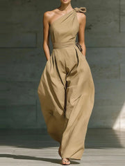 Jumpsuit Damen | Festlich One-Shoulder mit Schleife & Weitem Bein – Hellbraun
