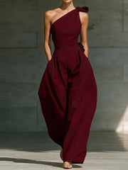 Jumpsuit Damen | Festlich One-Shoulder mit Schleife & Weitem Bein – Dunkelrot