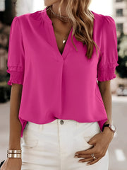 Kurzärmelige Bluse Damen | V-Ausschnitt & Smock-Ärmel für Komfort – Rosa