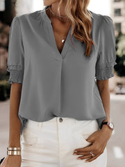 Kurzärmelige Bluse Damen | V-Ausschnitt & Smock-Ärmel für Komfort – Grau
