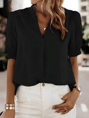 Kurzärmelige Bluse Damen | V-Ausschnitt & Smock-Ärmel für Komfort – Schwarz