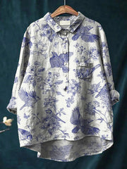 Elena | Damenbluse leicht aus Baumwolle und Leinen mit Print – Hellblau