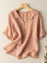 Locker sitzende Vintage-Bluse für Damen mit Knopfverzierung – Pfirsich