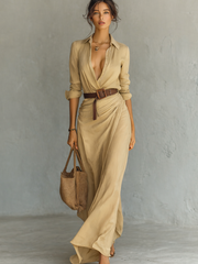 Maxikleid Damen | Elegantes Hemdblusen-Design & Fließende Maxi-Silhouette – Khaki