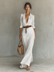 Maxikleid Damen | Elegantes Hemdblusen-Design & Fließende Maxi-Silhouette – Weiß
