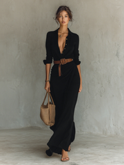 Maxikleid Damen | Elegantes Hemdblusen-Design & Fließende Maxi-Silhouette – Schwarz