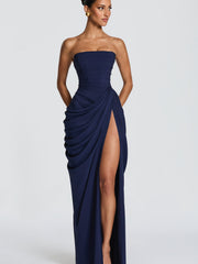 Olivia | Damen-Maxikleid mit Schnürung und seitlichem Schlitz – Marineblau