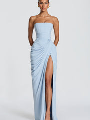 Olivia | Damen-Maxikleid mit Schnürung und seitlichem Schlitz – Himmelblau