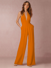 Damen Jumpsuit mit Tiefer V-Ausschnitt – Eleganter Ärmelloser Overall mit Weitem Bein – Orange