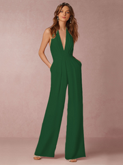 Damen Jumpsuit mit Tiefer V-Ausschnitt – Eleganter Ärmelloser Overall mit Weitem Bein – Grün