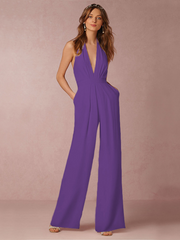 Damen Jumpsuit mit Tiefer V-Ausschnitt – Eleganter Ärmelloser Overall mit Weitem Bein – Lila