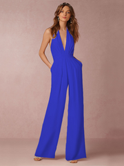 Damen Jumpsuit mit Tiefer V-Ausschnitt – Eleganter Ärmelloser Overall mit Weitem Bein – Blau