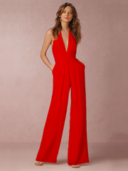 Damen Jumpsuit mit Tiefer V-Ausschnitt – Eleganter Ärmelloser Overall mit Weitem Bein – Rot