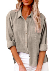Damen nan oversized Leinen-Baumwollmix Hemdbluse mit Brusttasche und krempelbaren Ärmeln Drune – Khaki