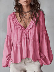 Damen Fließendes Oberteil Mit Raffungen Und V-Ausschnitt – Locker Elegante Bluse – Rosa