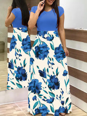 Damen Zweiteilig wirkendes Maxikleid mit figurbetontem Jersey-Oberteil und weitem Blumenrock Nord Taschen – Ganzblau Kurzarm 8899