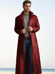 Herren Langer Ledermantel im Trench-Stil mit schmaler Silhouette und Stehkragen Nord Taschen – Weinrot