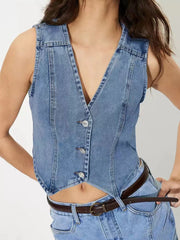 Damen taillierte ärmellose Jeansweste mit V-Ausschnitt Nord Taschen – Mittelblau