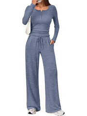 Damen Zweiteiliges Feinstrick-Lounge-Set mit Henley-Top und Palazzo-Hose Nord Taschen – Blau