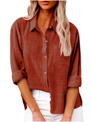 Damen nan oversized Leinen-Baumwollmix Hemdbluse mit Brusttasche und krempelbaren Ärmeln Drune – Orange