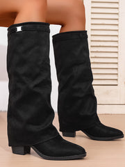 Damen nan knielange Slouch-Stiefel mit spitzer Zehenpartie und niedrigem Blockabsatz Drune – Schwarz