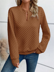 Damen Gesteppter Kuschel-Pullover mit Schlitzkragen Nord Taschen – Kaffeebraun - Sofortversand