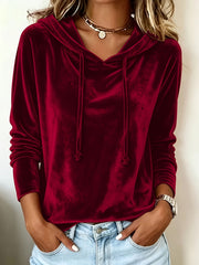 Damen Samt-Hoodie mit Kapuze Kordelzug und legerem Schnitt Nord Taschen – Weinrot