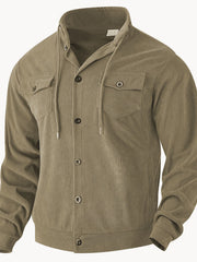 Herren nan strukturierte Cord-Workerjacke mit verdeckter Kapuze, Druckknopfverschluss und aufgesetzten Brusttaschen Drune – Khaki