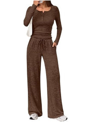 Damen Zweiteiliges Feinstrick-Lounge-Set mit Henley-Top und Palazzo-Hose Nord Taschen – Dunkelbraun